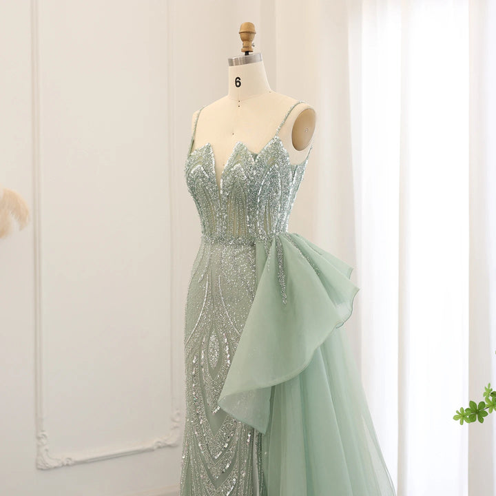 Dreamy Vow Spaghetti Straps Sage Green Mermaid Evening Dress with Overskirt Side Slit Blue Dubai Women Wedding Party Gown SS216-DreamyVow