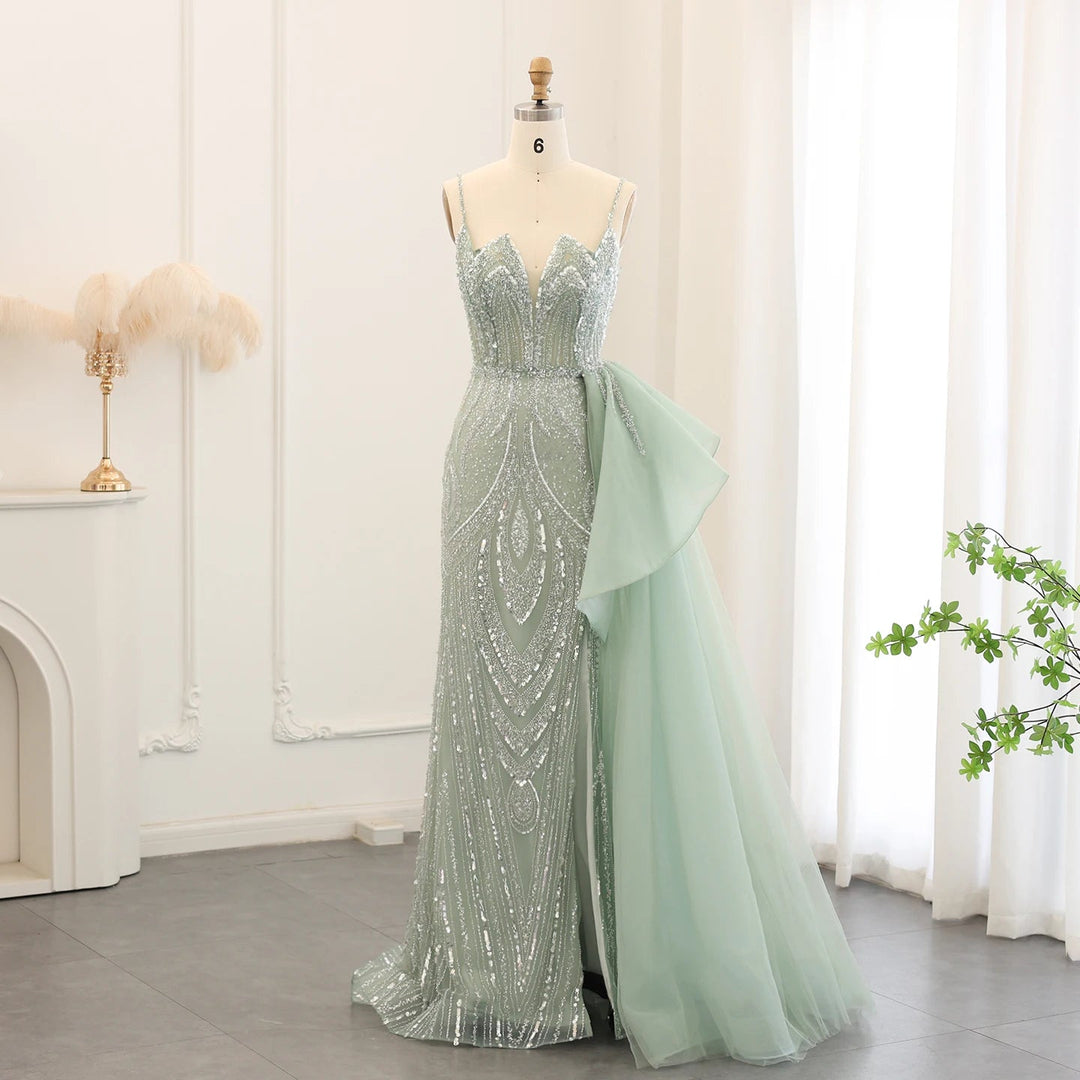 Dreamy Vow Spaghetti Straps Sage Green Mermaid Evening Dress with Overskirt Side Slit Blue Dubai Women Wedding Party Gown SS216-DreamyVow