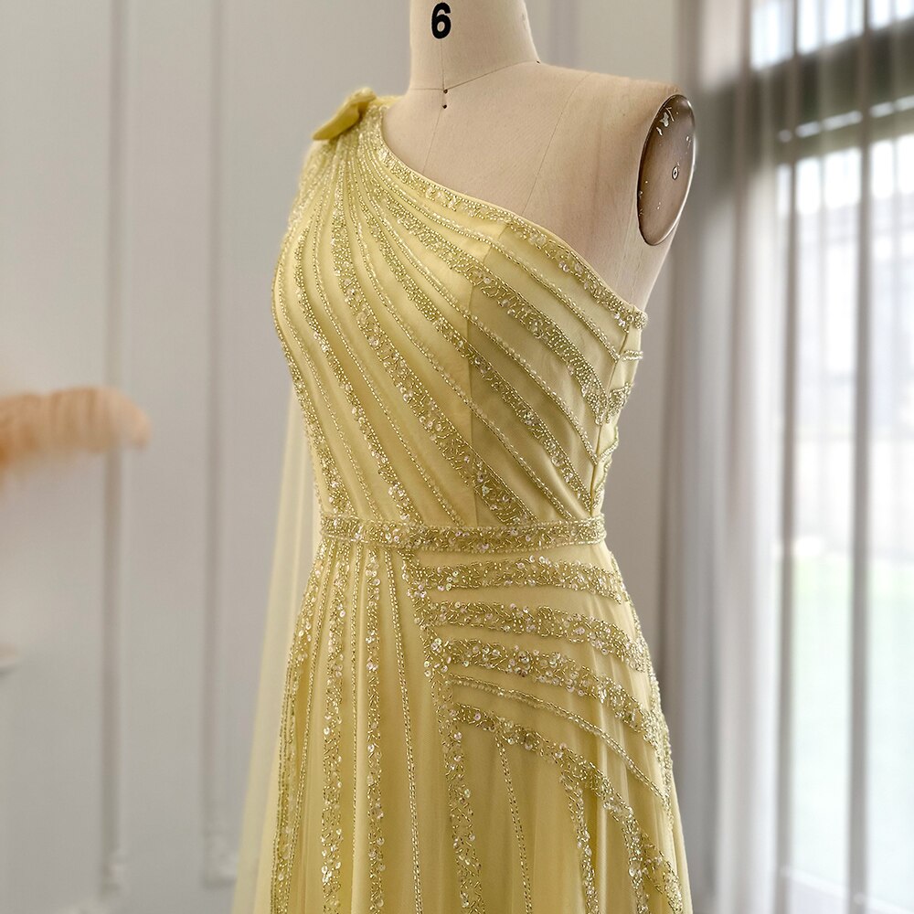 Dreamy Vow Yellow One Shoulder Luxury Dubai Evening Dress with Cape Side Slit Arabic Formal Prom Gowns for Wedding Party 326