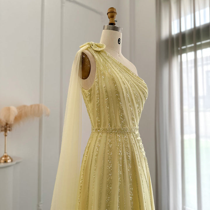 Dreamy Vow Yellow One Shoulder Luxury Dubai Evening Dress with Cape Side Slit Arabic Formal Prom Gowns for Wedding Party 326