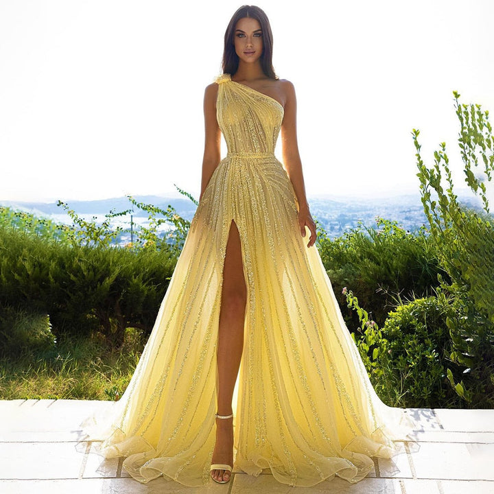 Dreamy Vow Yellow One Shoulder Luxury Dubai Evening Dress with Cape Side Slit Arabic Formal Prom Gowns for Wedding Party 326