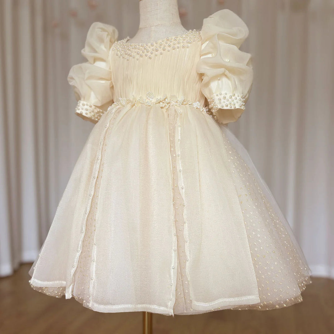 DreamyVow Cute Baby White Beige Flower Girl Dress Pearls Formal Dancing Gown for Kids Wedding Birthday Dinner Party Pageant J096-DreamyVow