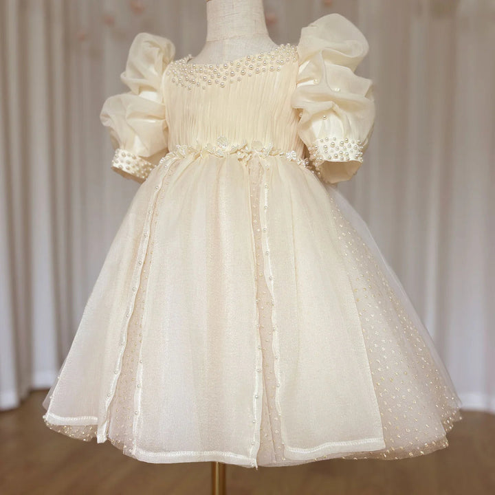 DreamyVow Cute Baby White Beige Flower Girl Dress Pearls Formal Dancing Gown for Kids Wedding Birthday Dinner Party Pageant J096-DreamyVow