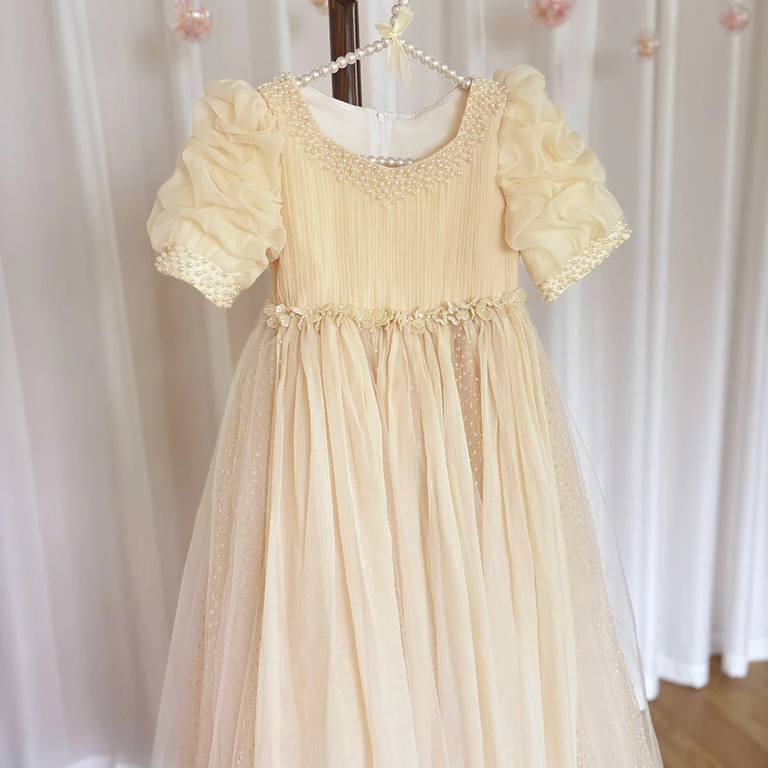 DreamyVow Cute Baby White Beige Flower Girl Dress Pearls Formal Dancing Gown for Kids Wedding Birthday Dinner Party Pageant J096-DreamyVow