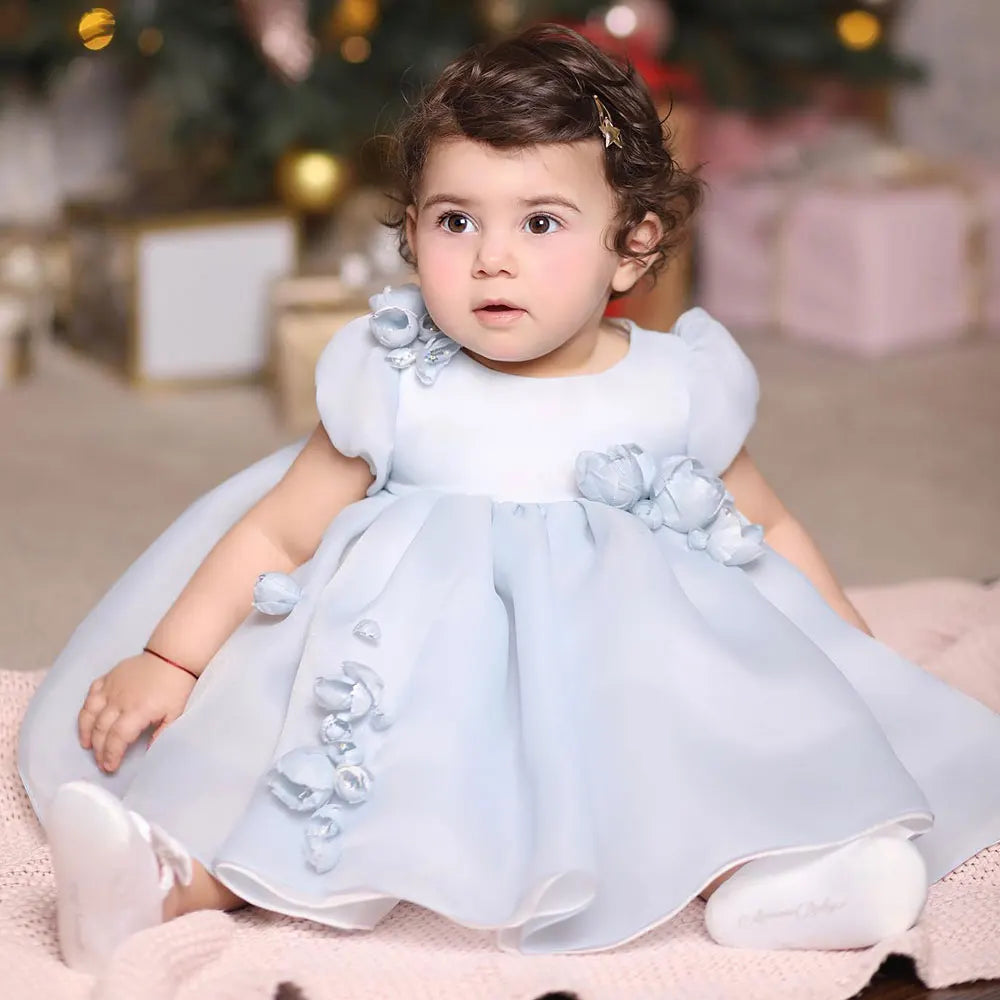 DreamyVow Cute Dubai Blue Girl Dress 3D Flowers Arabic Blue Baby Kids Wedding Birthday First Communion Party Gown Pageant J336-DreamyVow