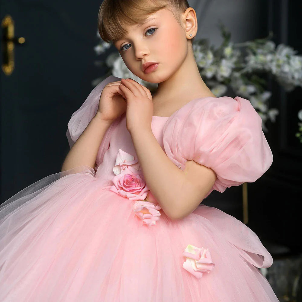 DreamyVow Elegant Arabic Pink Girl Dress with Flowers Dubai Baby Kids Princess Birthday Wedding Party Holiday Gown 2024 J254-DreamyVow