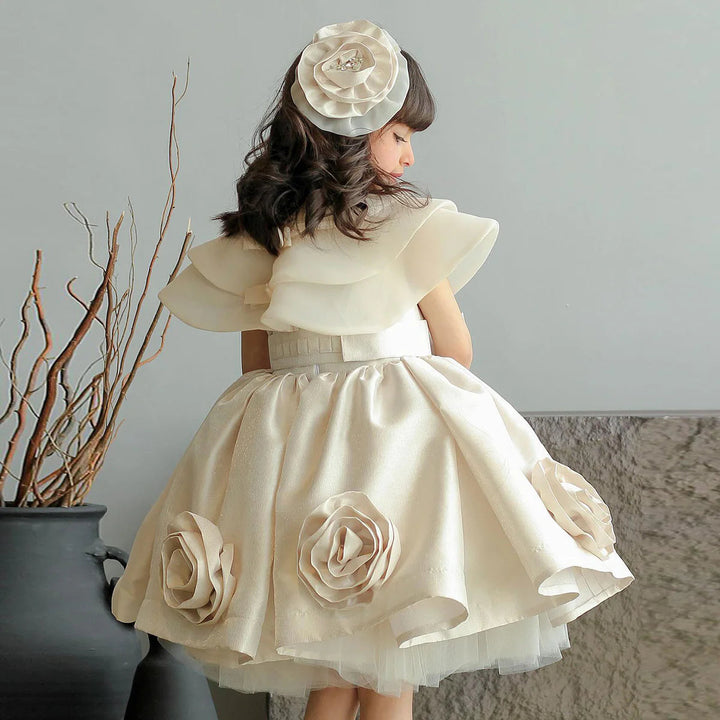 DreamyVow Elegant Beige Girl Dresses Handmade Flowers with Headgear for Kids Wedding Birthday Holiday Party Gown 2024 J104-DreamyVow