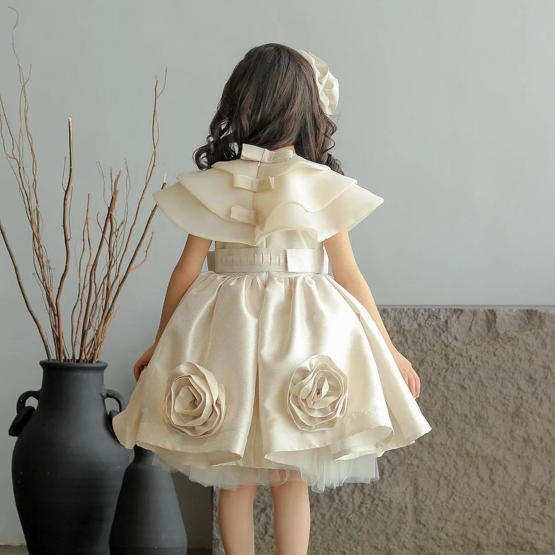 DreamyVow Elegant Beige Girl Dresses Handmade Flowers with Headgear for Kids Wedding Birthday Holiday Party Gown 2024 J104-DreamyVow