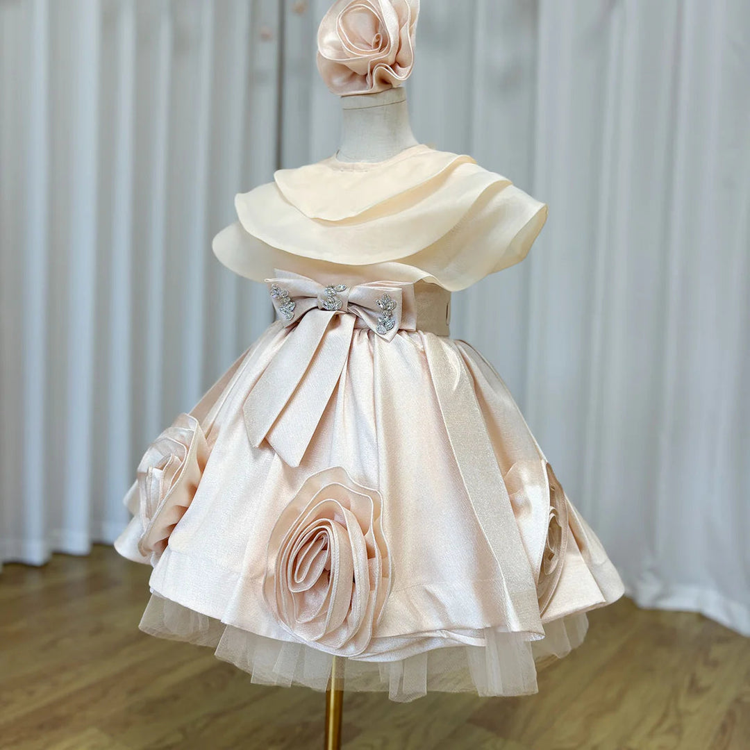 DreamyVow Elegant Beige Girl Dresses Handmade Flowers with Headgear for Kids Wedding Birthday Holiday Party Gown 2024 J104-DreamyVow