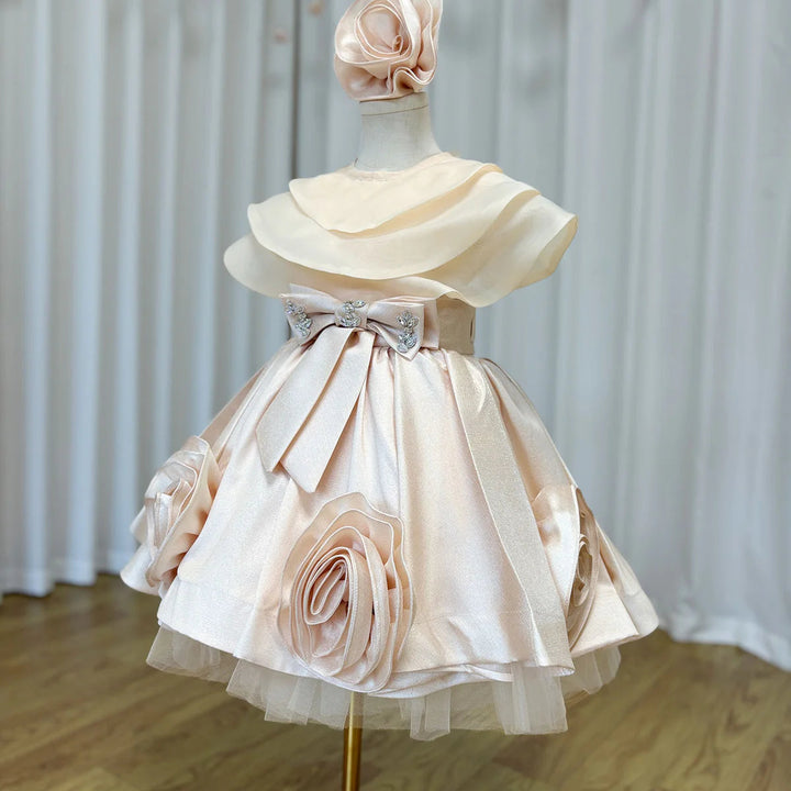 DreamyVow Elegant Beige Girl Dresses Handmade Flowers with Headgear for Kids Wedding Birthday Holiday Party Gown 2024 J104-DreamyVow