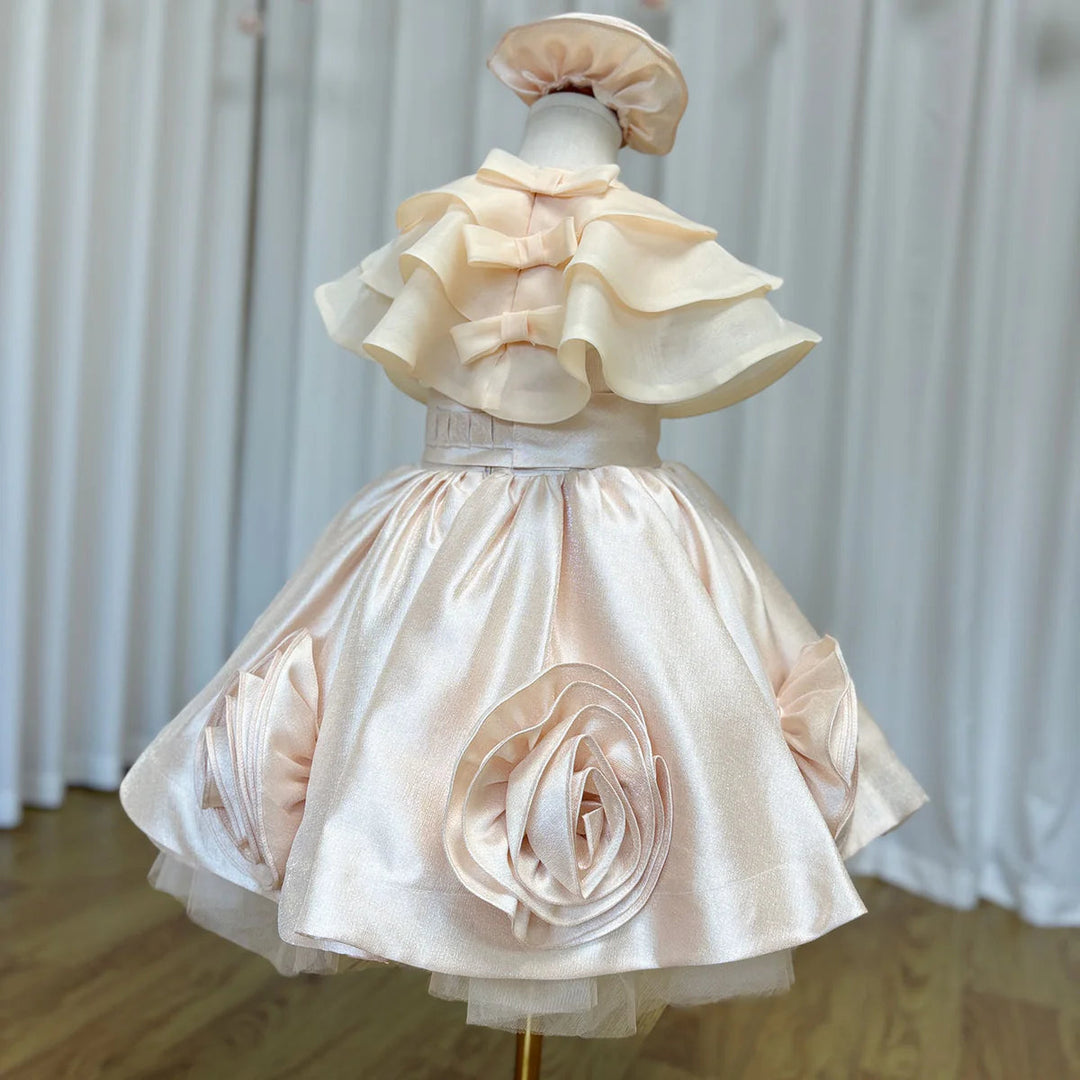 DreamyVow Elegant Beige Girl Dresses Handmade Flowers with Headgear for Kids Wedding Birthday Holiday Party Gown 2024 J104-DreamyVow