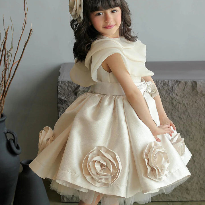 DreamyVow Elegant Beige Girl Dresses Handmade Flowers with Headgear for Kids Wedding Birthday Holiday Party Gown 2024 J104-DreamyVow