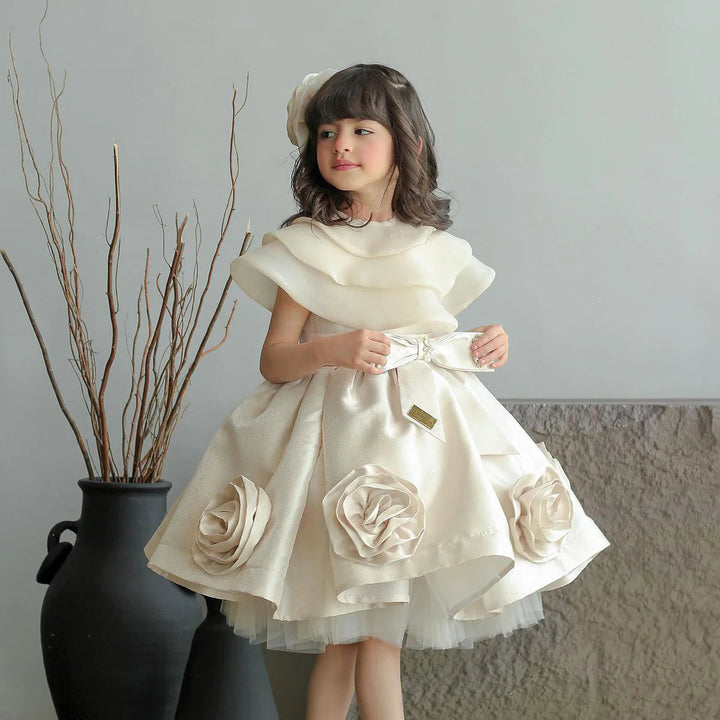 DreamyVow Elegant Beige Girl Dresses Handmade Flowers with Headgear for Kids Wedding Birthday Holiday Party Gown 2024 J104-DreamyVow