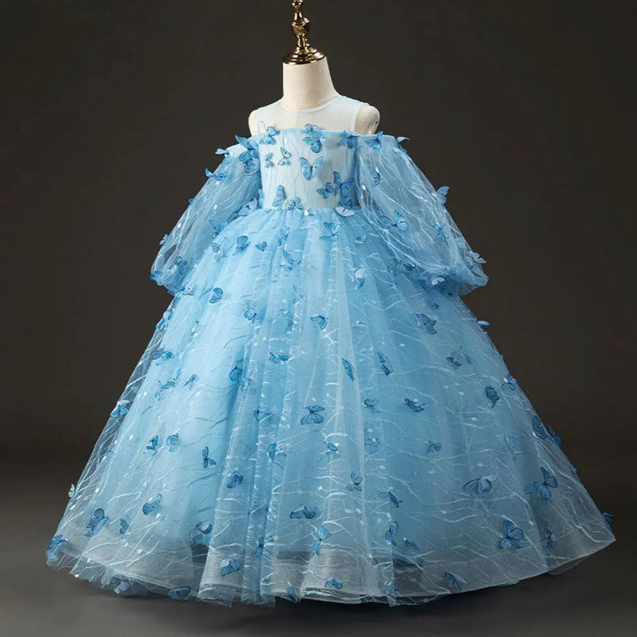 DreamyVow Elegant Blue Dubai Girl Dress with Bow Arabic Princess Kids Wedding Birthday Party Ball Gown First Communion 2024 J389-DreamyVow