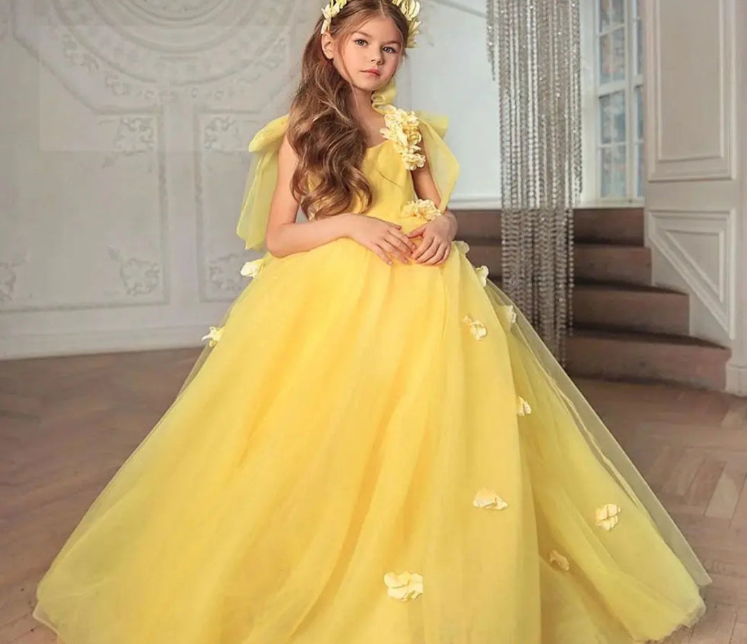 DreamyVow Elegant Blush Flower Girl Dress Handmade Flower Yellow Princess Gown for Kids Wedding Birthday Communion Party J142-DreamyVow