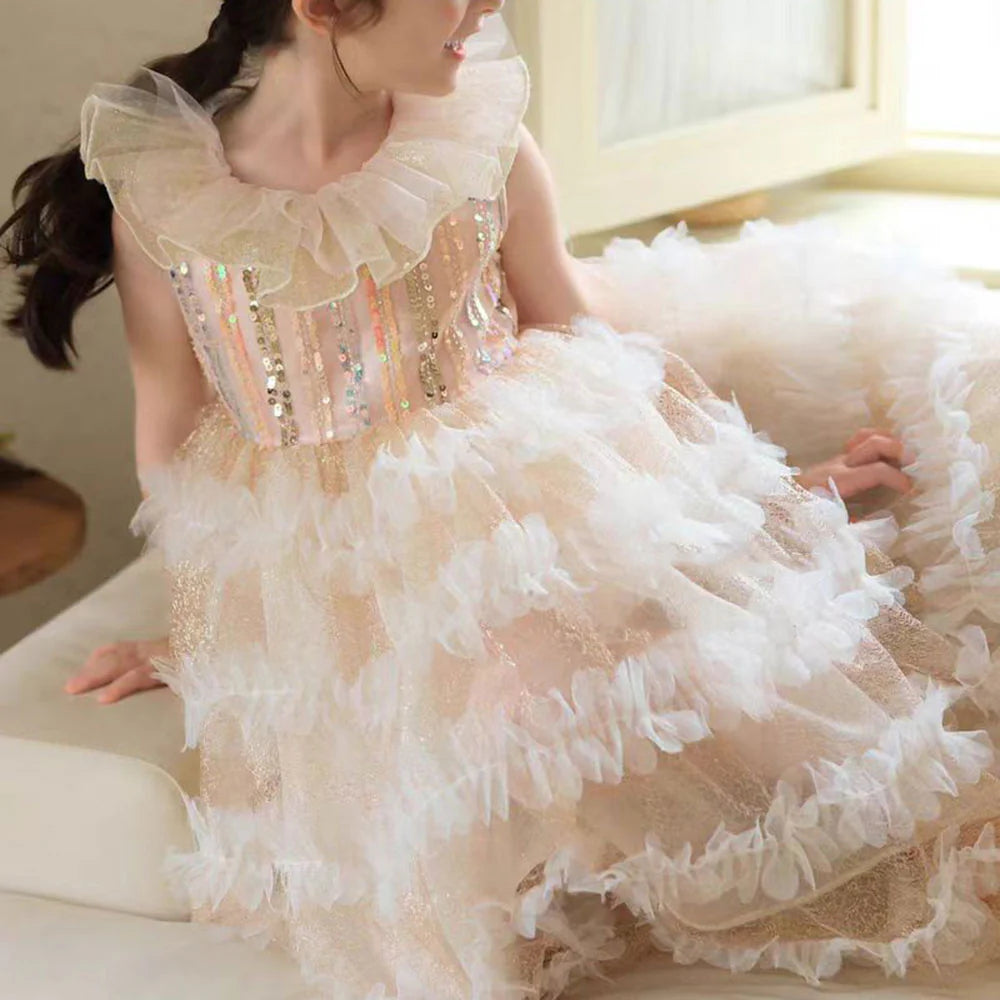 DreamyVow Elegant Champagne Dress Lithe for Baby Kid Princess Birthday Wedding Party Children Holiday Fairy Daily Gown 2024 J031-DreamyVow