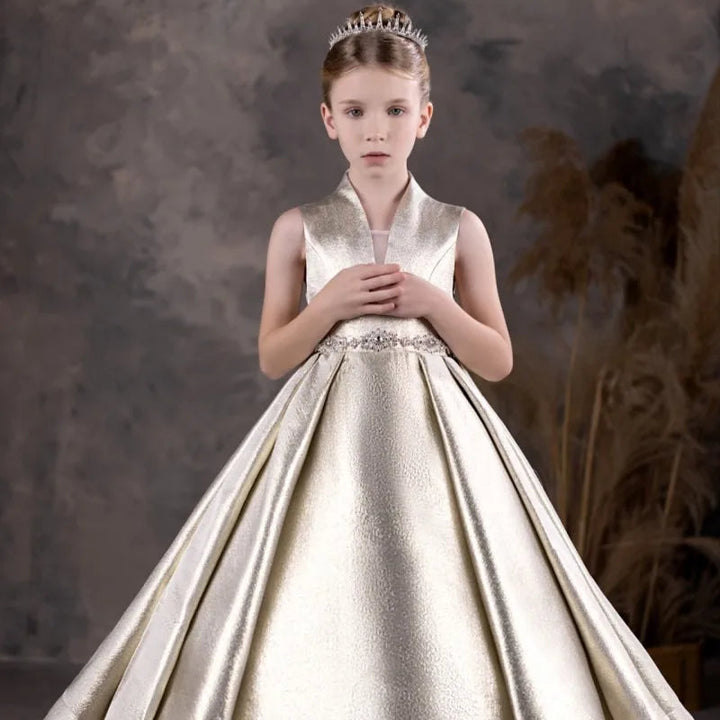 DreamyVow Elegant Champagne Flower Girl Dresses Beads Formal Princess Gown for Kids Children Birthday Wedding Party Show J132-DreamyVow