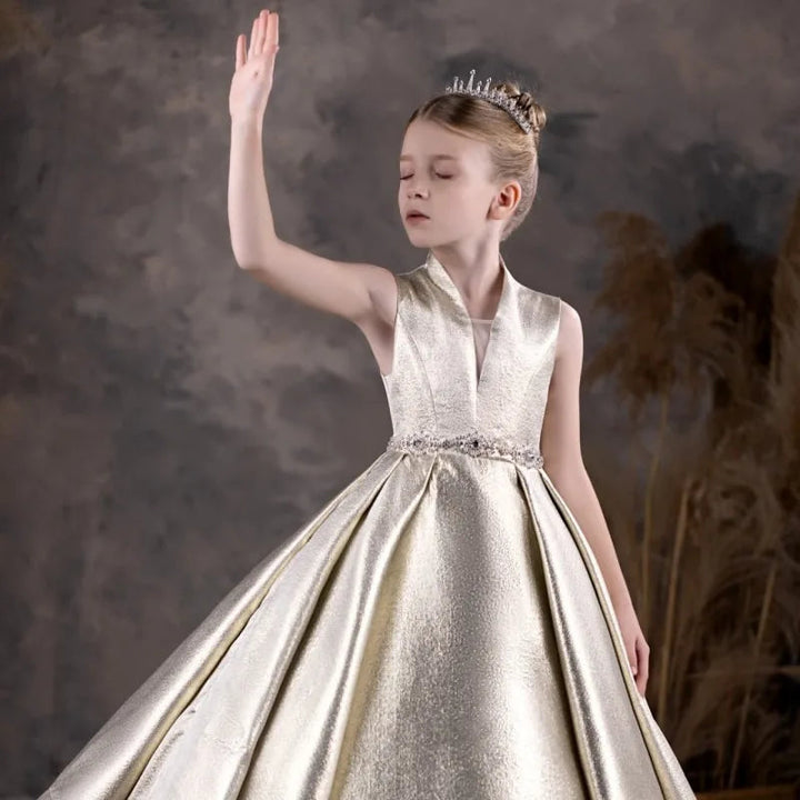 DreamyVow Elegant Champagne Flower Girl Dresses Beads Formal Princess Gown for Kids Children Birthday Wedding Party Show J132-DreamyVow