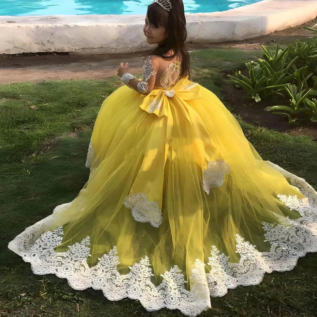 DreamyVow Elegant Dubai Girl Dress Long Sleeve Puffy Bow Arabic Princess Kids Wedding Birthday Party Long Ball Gown 2024 J176-DreamyVow