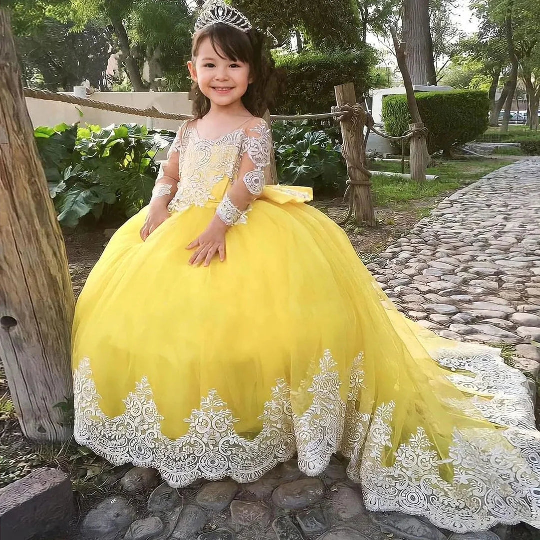 DreamyVow Elegant Dubai Girl Dress Long Sleeve Puffy Bow Arabic Princess Kids Wedding Birthday Party Long Ball Gown 2024 J176-DreamyVow