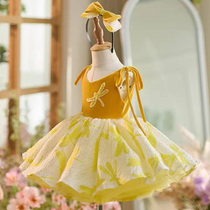 DreamyVow Elegant Dubai Gold Girl Dress with Bow Ball Gown for Kid Wedding Birthday Communion Party Pageant 2024 J006-DreamyVow