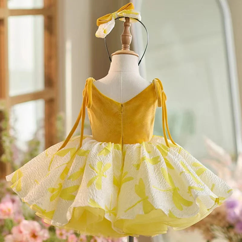 DreamyVow Elegant Dubai Gold Girl Dress with Bow Ball Gown for Kid Wedding Birthday Communion Party Pageant 2024 J006-DreamyVow