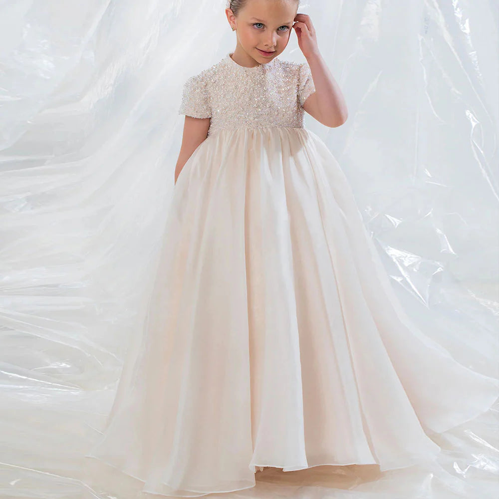 DreamyVow Elegant Ivory Dubai Girl Dress Beads Pearl Arabric Princess Kids Wedding Birthday Party First Communion Gown 2024 J053-DreamyVow