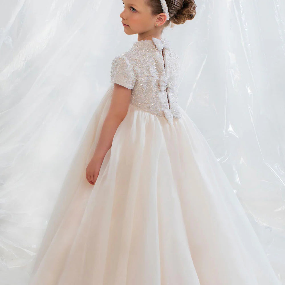 DreamyVow Elegant Ivory Dubai Girl Dress Beads Pearl Arabric Princess Kids Wedding Birthday Party First Communion Gown 2024 J053-DreamyVow