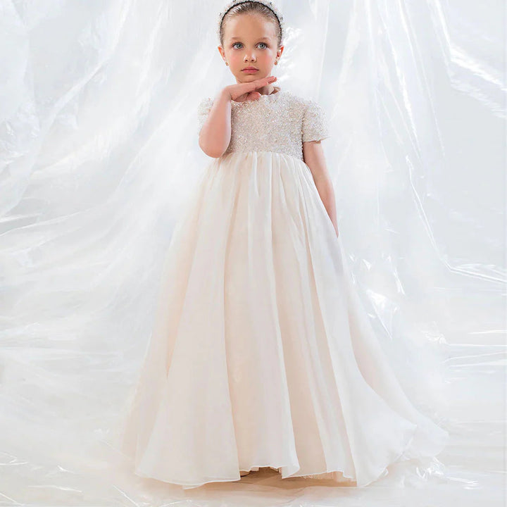 DreamyVow Elegant Ivory Dubai Girl Dress Beads Pearl Arabric Princess Kids Wedding Birthday Party First Communion Gown 2024 J053-DreamyVow