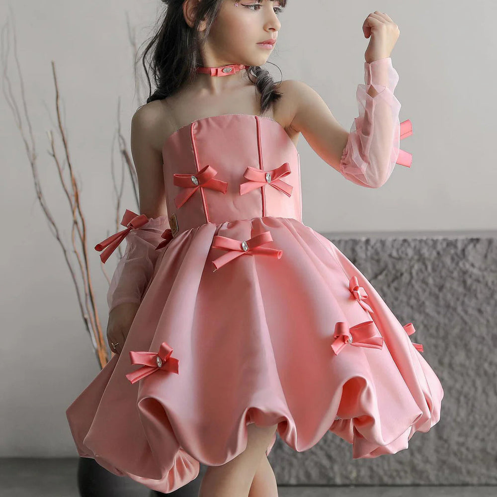 DreamyVow Elegant Pink Arabic Flower Girl Dresses with Glove Dubai Backless for Kids Wedding Birthday Holiday Party Gown J100-DreamyVow