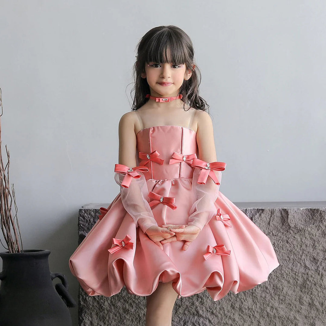 DreamyVow Elegant Pink Arabic Flower Girl Dresses with Glove Dubai Backless for Kids Wedding Birthday Holiday Party Gown J100-DreamyVow