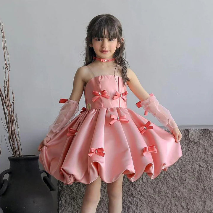 DreamyVow Elegant Pink Arabic Flower Girl Dresses with Glove Dubai Backless for Kids Wedding Birthday Holiday Party Gown J100-DreamyVow