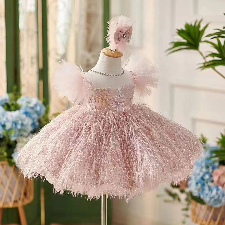 DreamyVow Elegant Pink Flower Girl Dresses with Hairband Feathers for Baby Kids Wedding Birthday Communion Party Pageant J082-DreamyVow