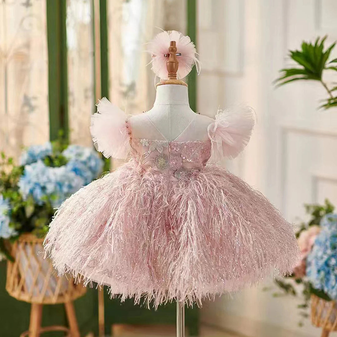 DreamyVow Elegant Pink Flower Girl Dresses with Hairband Feathers for Baby Kids Wedding Birthday Communion Party Pageant J082-DreamyVow