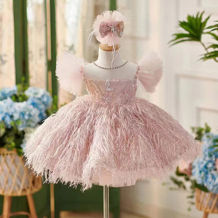 DreamyVow Elegant Pink Flower Girl Dresses with Hairband Feathers for Baby Kids Wedding Birthday Communion Party Pageant J082-DreamyVow