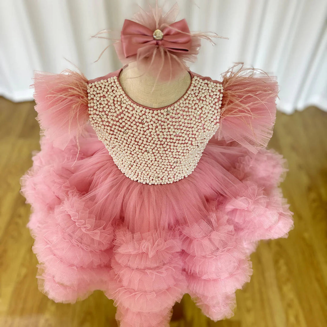 DreamyVow Elegant Pink Pearls Flower Girl Dress Princess Baby Kids Wedding Birthday First Communion Party Gown 2024 J321-DreamyVow