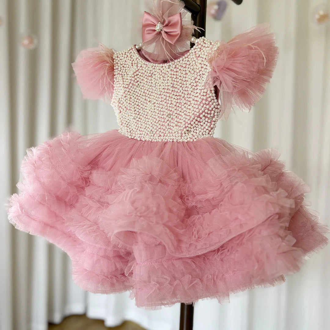 DreamyVow Elegant Pink Pearls Flower Girl Dress Princess Baby Kids Wedding Birthday First Communion Party Gown 2024 J321-DreamyVow