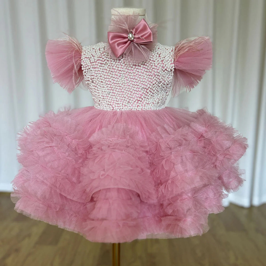 DreamyVow Elegant Pink Pearls Flower Girl Dress Princess Baby Kids Wedding Birthday First Communion Party Gown 2024 J321-DreamyVow