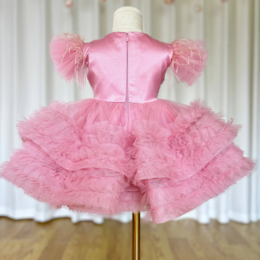 DreamyVow Elegant Pink Pearls Flower Girl Dress Princess Baby Kids Wedding Birthday First Communion Party Gown 2024 J321-DreamyVow