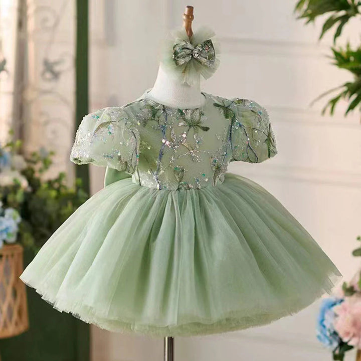 DreamyVow Elegant Sage Green Arab Girl Dress Sequined Dubai Kids Princess Birthday Wedding Party Children Holiday Gown 2024 J264-DreamyVow