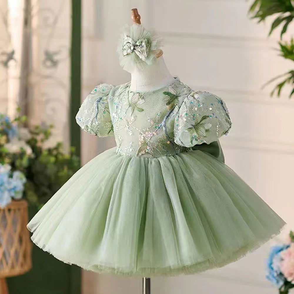 DreamyVow Elegant Sage Green Arab Girl Dress Sequined Dubai Kids Princess Birthday Wedding Party Children Holiday Gown 2024 J264-DreamyVow