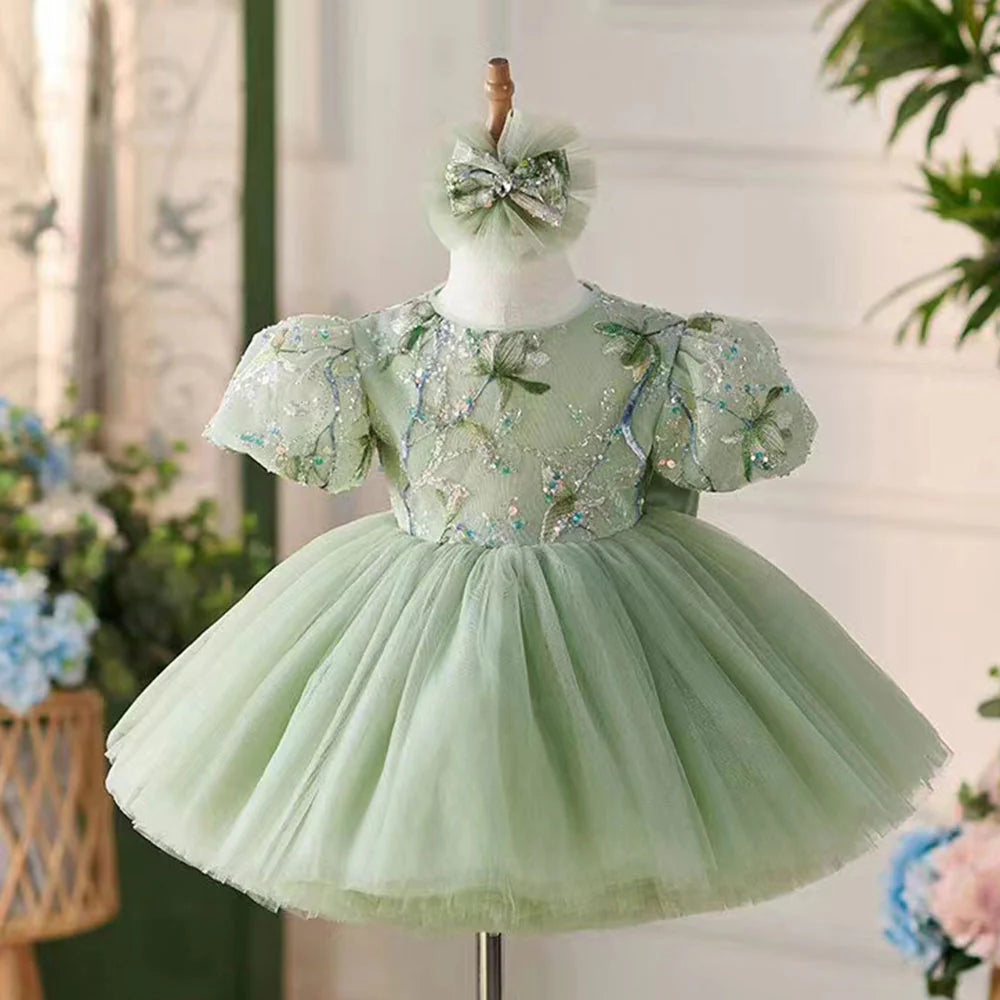 DreamyVow Elegant Sage Green Arab Girl Dress Sequined Dubai Kids Princess Birthday Wedding Party Children Holiday Gown 2024 J264-DreamyVow