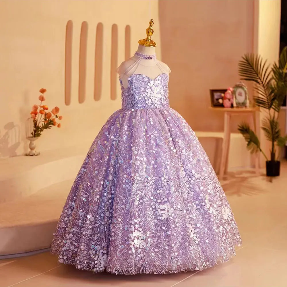 DreamyVow Elegant Shiny Dubai Lilac Girl Dress Beading Princess Kids Wedding Birthday Party Prom Gown Holy Communion 2024 J242-DreamyVow