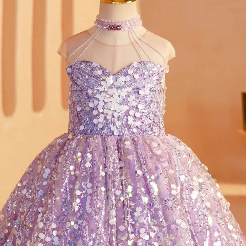 DreamyVow Elegant Shiny Dubai Lilac Girl Dress Beading Princess Kids Wedding Birthday Party Prom Gown Holy Communion 2024 J242-DreamyVow