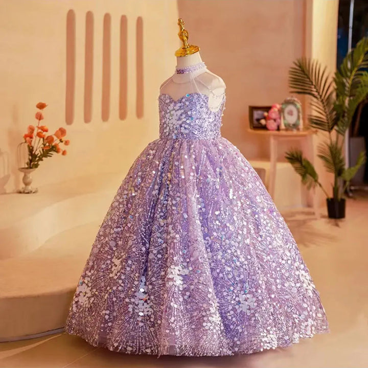 DreamyVow Elegant Shiny Dubai Lilac Girl Dress Beading Princess Kids Wedding Birthday Party Prom Gown Holy Communion 2024 J242-DreamyVow