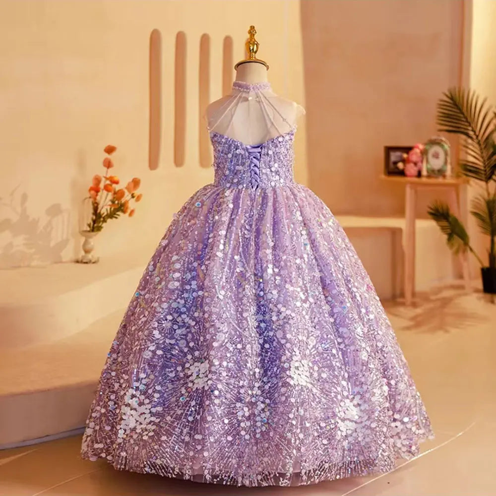 DreamyVow Elegant Shiny Dubai Lilac Girl Dress Beading Princess Kids Wedding Birthday Party Prom Gown Holy Communion 2024 J242-DreamyVow