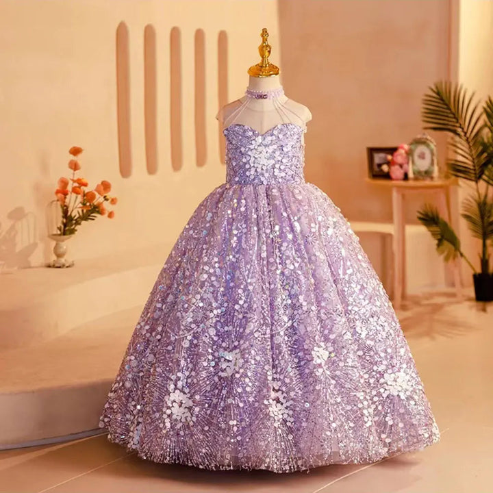 DreamyVow Elegant Shiny Dubai Lilac Girl Dress Beading Princess Kids Wedding Birthday Party Prom Gown Holy Communion 2024 J242-DreamyVow