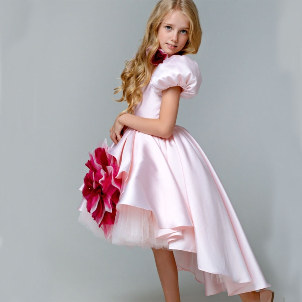 DreamyVow Elegant Square Collar Pink Girl Dress with 3D Flowers Satin Ball Gown for Kid Wedding Birthday Communion Party J339-DreamyVow