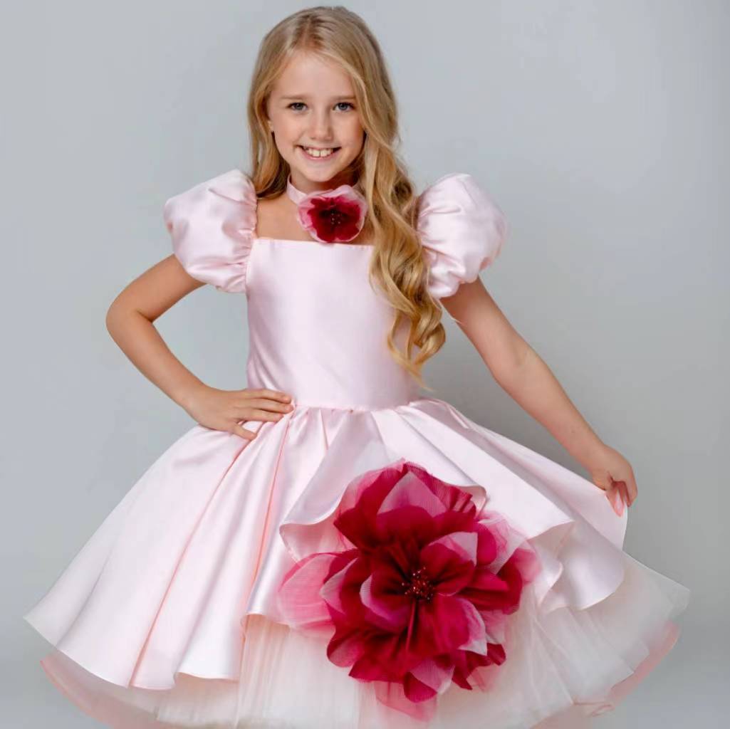 DreamyVow Elegant Square Collar Pink Girl Dress with 3D Flowers Satin Ball Gown for Kid Wedding Birthday Communion Party J339-DreamyVow