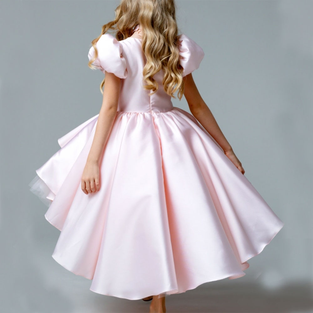 DreamyVow Elegant Square Collar Pink Girl Dress with 3D Flowers Satin Ball Gown for Kid Wedding Birthday Communion Party J339-DreamyVow